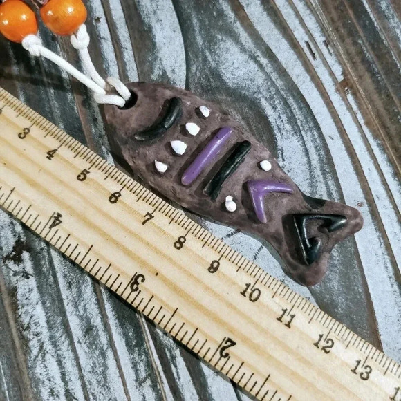 Artisan Tribal Fish Unglazed Clay Purple Multicolor Flower OOAK Pendant Necklace - Picture 6 of 6